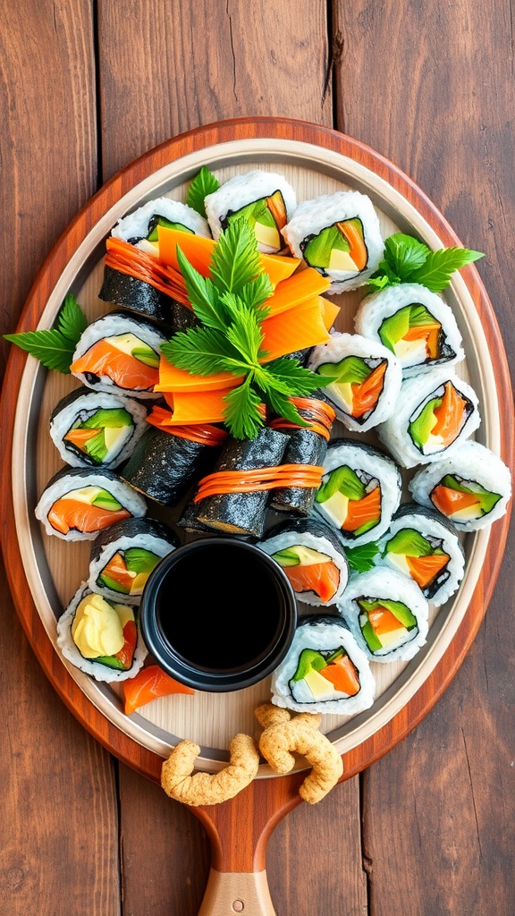 A colorful platter of sliced sushi rolls with fish, avocado, and cucumber, served with soy sauce and ginger.